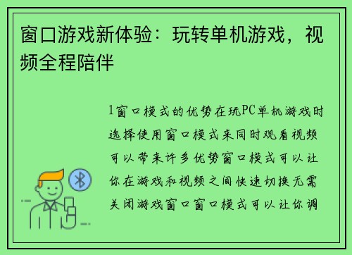 窗口游戏新体验：玩转单机游戏，视频全程陪伴